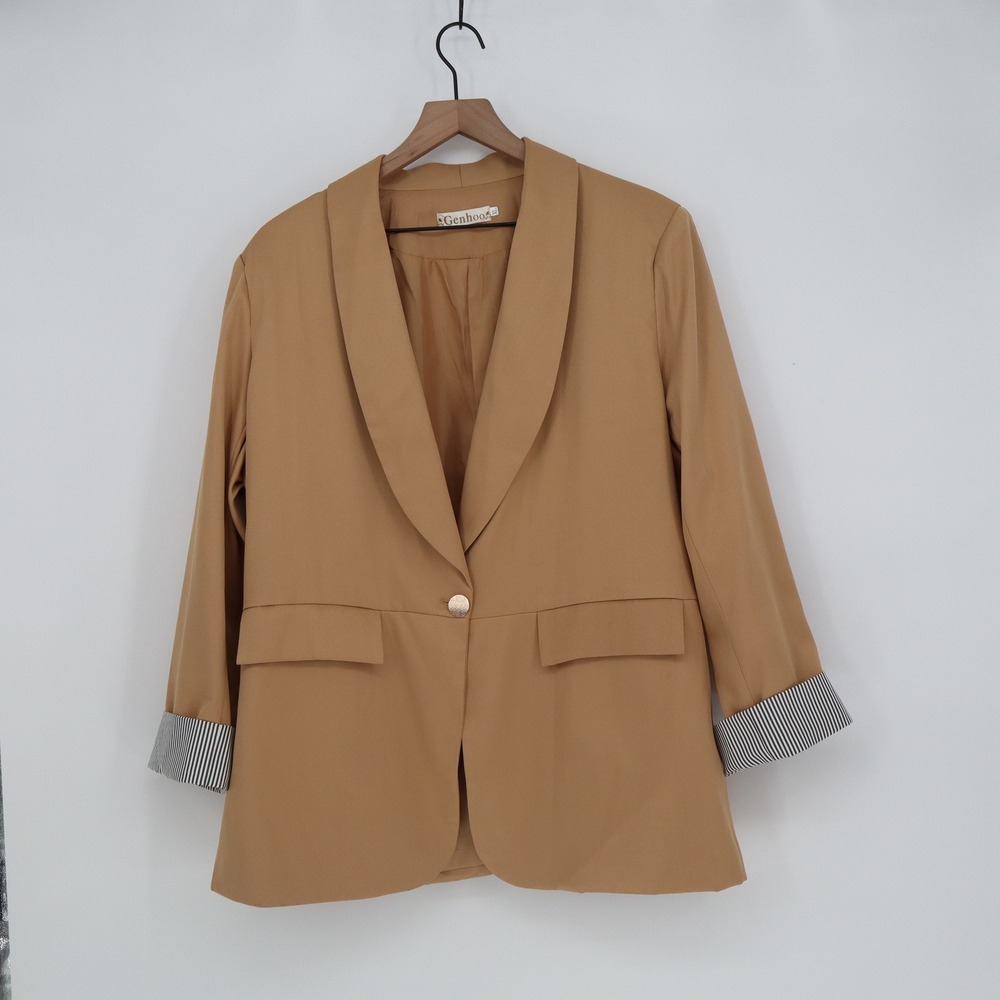 Genhoo Blazer Womens XL Shawl Lapel Tan Striped Cuff Single Button Excellent